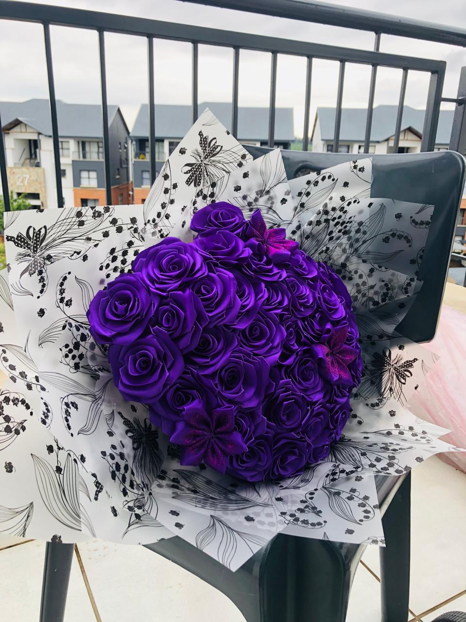 violet satin ribbon bouquet