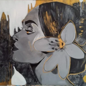 Modern Woman Portrait | Grey and Gold Abstract Canvas Art