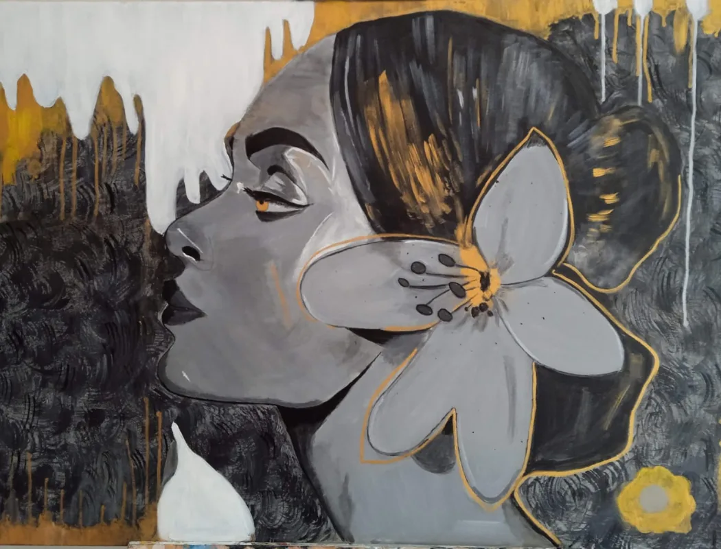 Modern Woman Portrait | Grey and Gold Abstract Canvas Art