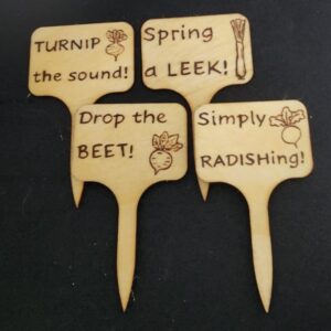 Punny pyrography garden vegetable tag