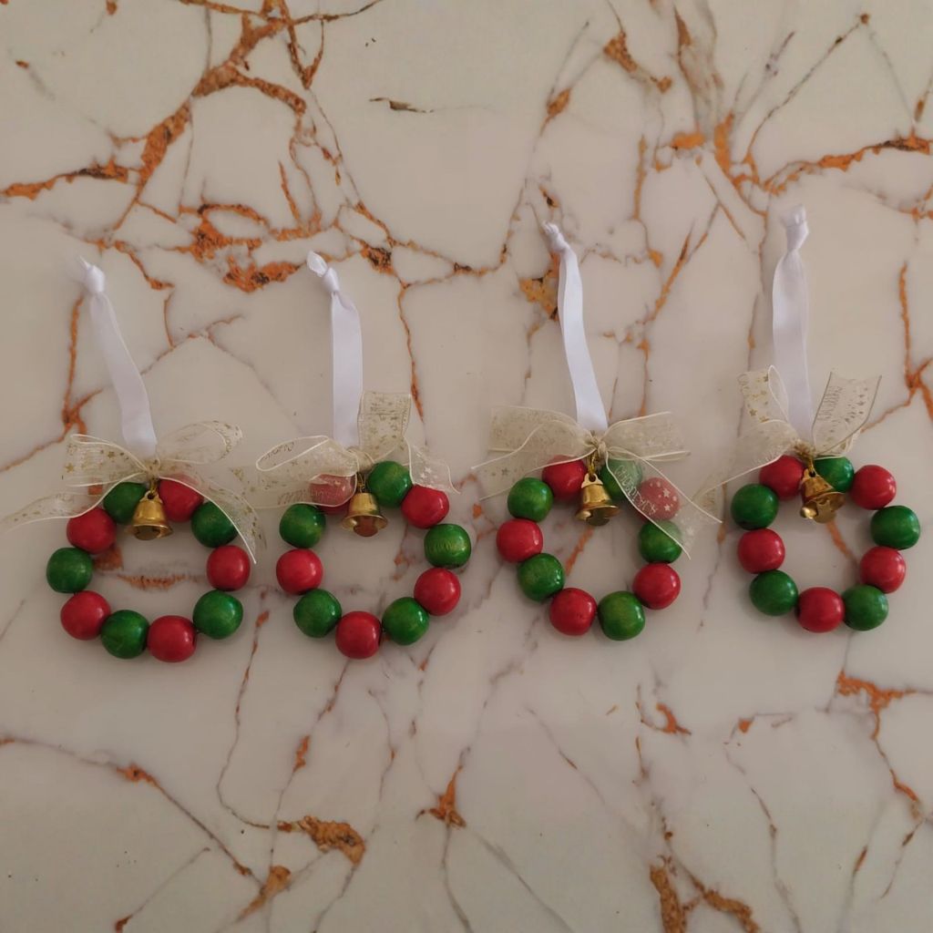 Christmas Tree Decor - Green and Red wood bead wreath