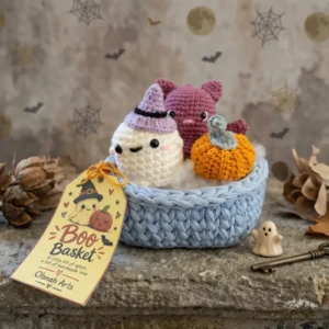 Crochet Halloween Basket with Bat Charm | Halloween Treat Basket | Handmade Halloween Decor