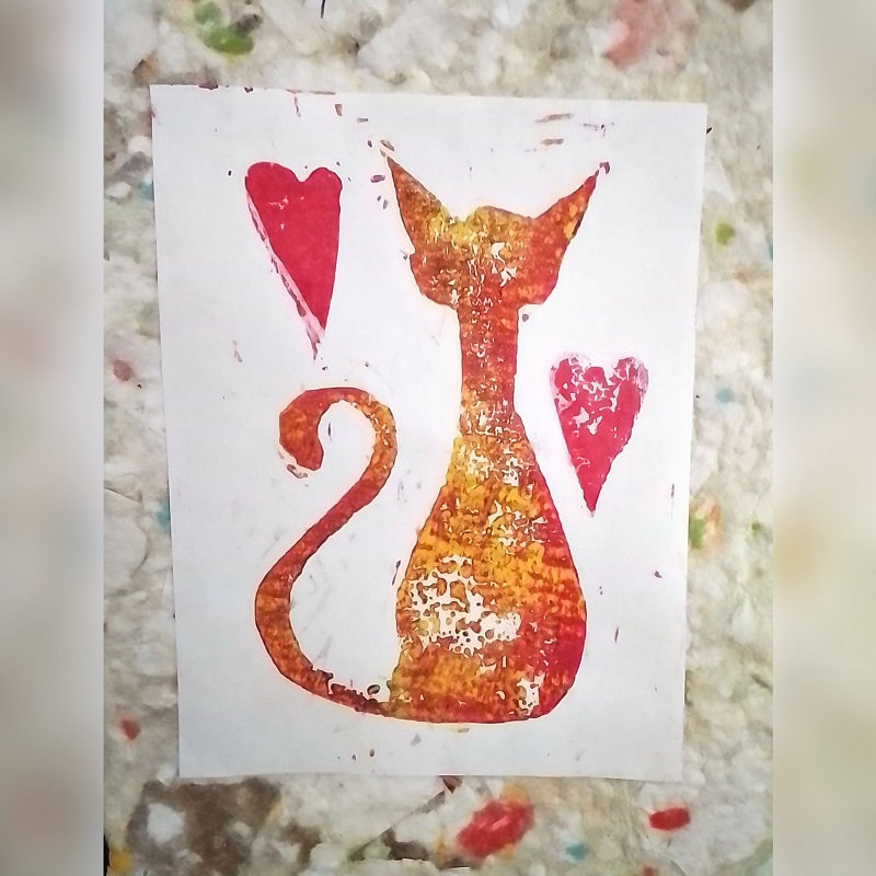 “Pussy cat” Hand printed linocut card